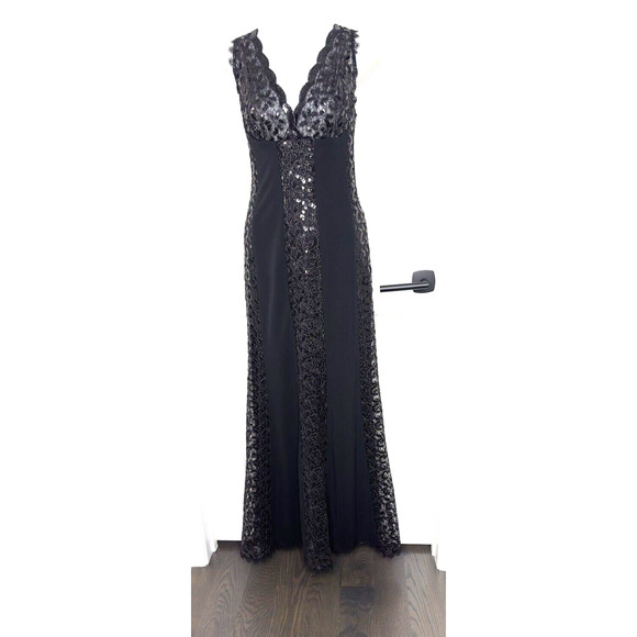 Nicole Bakti Black Gown Maxi Sequined Lace Panels Jersey Wedding Prom MOB S - Picture 2 of 10